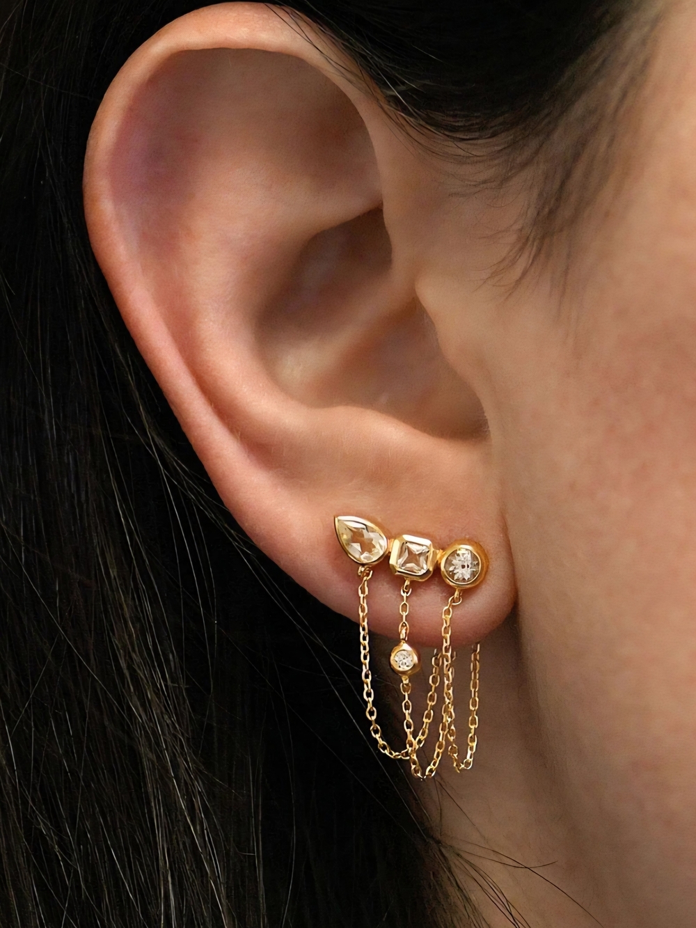 Gold Triple Drop Chain Earrings with Clear Stones